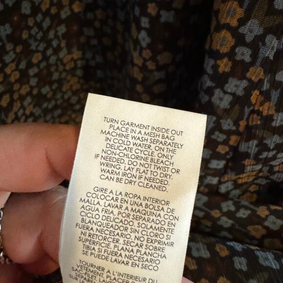 CAbi Sheath Chiffon Dress Blue Brown Floral V-Neck Pullover Bell Sleeve Sz M - Picture 6 of 7